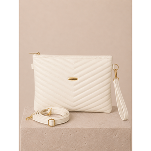 Bolso de mano blanco acolchado con cremallera y diseño estampado, hecho de cuero - Product Image 1