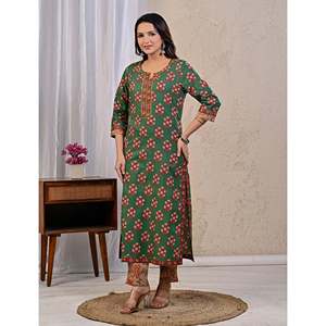 Green Butta <b>Block</b> <b>Printed</b> Cotton Kurta Pant Set with Mulmul Dupatta Pakistani Style Ethnic Net for Party Wear - Product Image 4
