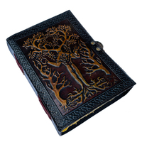Carnet en cuir rigide gaufré Arbre de Vie avec homme, fermeture métallique, jaune vintage, livre d'or, papier fait main, cadeau