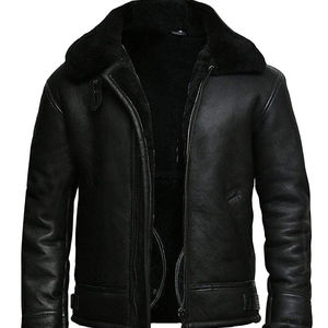 Chaqueta Bomber de Cuero Negra, Estilo B3, en Piel de Oveja Genuina, con Solapa de Piel y Cuello de Borrego, Diseño con Ajustadores en la Cintura - Product Image 1