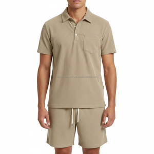 Conjunto de Polo Acanalado Personalizado OEM para Hombre - Camisa de Manga Corta Texturizada Color Caqui y Pantalones Cortos, Conjunto Casual de 2 Piezas - Product Image 3