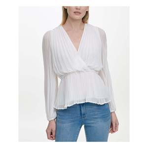 Top de Manga Larga con Cuello Cruzado y Efecto Cruzado para Mujer DKNY, Color Blanco, Talla XS, Hecho de Tela de Chifón - Product Image 1