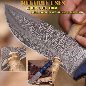 Couteau Skinner de chasse en acier damassé fait à la main avec poignée confortable et étui en cuir - Product Image 4