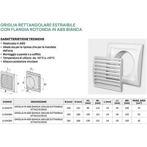 Tecnosystemi - Grille d'aération rectangulaire extractible réglable en ABS blanc avec bride ronde pour l'évacuation de l'air - Product Image 3