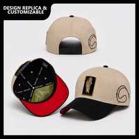 Gorra Trucker Snapback de Cinco Paneles con Parche de Santo Dorado Personalizado y Rosario de Cuentas, Color Bronceado y Negro, Estilo Religioso Urbano, Unisex, para Exteriores