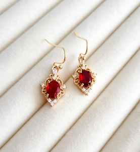 925 Sterling Silver 14k Gold Plated Oval Cut Natural Ruby Red Gemstone Hook Earrings with Vintage Filigree Dangle Charms - Product Image 4