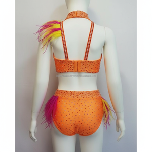 Traje de Baile con Pedrería Naranja para Niñas, con Cuentas de Cristal, para Competencia, con Plumas, para Samba y Baile Latino - Product Image 4