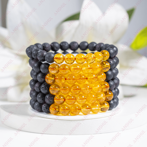 Pulsera de yoga redonda con cuentas de piedra de lava negra natural de 8 mm y cuentas de citrino, piedra preciosa natural para meditación y sanación. - Product Image 1