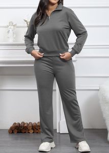 Sweat-shirt demi-zip surdimensionné pour femmes jambe large décontracté pour salon ensemble 2 pièces tenues bouton décoration correspondant sweats à capuche vierges - Product Image 6