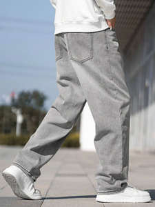 Haute qualité hommes coupe ample Baggy jean taille solide avec poche oblique et jambe large personnalisable Style décontracté toile tissu - Product Image 3