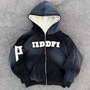 Sweat à capuche zippé en coton personnalisé 450 GSM de qualité supérieure sweat à capuche Streetwear brodé au soleil avec doublure intérieure et manches en strass - Product Image 1
