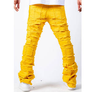 Vêtements de rue Logo personnalisé jean pantalon braguette bouton poches latérales hommes broderie déchiré empilé pantalon personnalité plissé hommes pantalon - Product Image 3