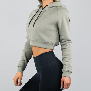 Nueva llegada de las señoras de manga larga de gimnasio chándal de algodón Crop Tops sudadera con logotipo personalizado al por mayor recortada sudaderas con capucha logotipo frontal - Product Image 5