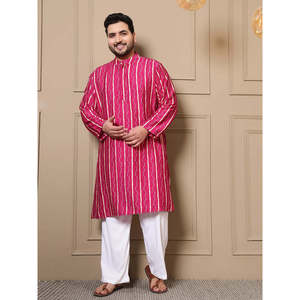 Amanush Kurta Larga para Hombre, Talla Grande, con Estampado Bandhani a Rayas Magenta, Cuello Mandarín, Camisa Casual para Verano - Product Image 6