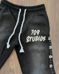 Custom <b>Men's</b> Flayer Pant Rhinestone Pants Sun Faded <b>Baggy</b> Track Jogging Hip Hop Elastic Waist Path Embroidery - Product Image 2