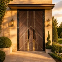 Porte d'entrée double en bois style Art déco avec incrustations dorées, porte extérieure en bois de luxe pour entrée de villa