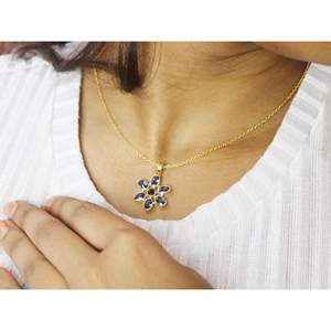 Solid 14k Yellow Gold Flower Pendant <b>Necklace</b> with <b>Blue</b> Sapphire Fashion Accessory for Women - Product Image 3