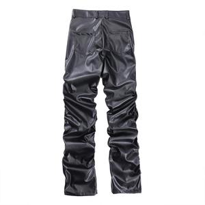 Hip Hop hommes plissé en cuir Pu pantalon Harajuku rétro Streetwear ample froncé pantalon décontracté droit couleur unie noir pantalon - Product Image 6