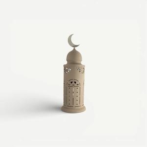 Farol de Ramadán Minimalista de Metal Beige con Diseño Moderno de Luna Creciente, Brillo Suave de Vela para una Decoración Elegante del Hogar - Product Image 1