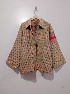 Unisex Vintage Style Long Sleeve Coat Handmade Kantha <b>Quilted</b> Cotton Jacket Turn Collar Raw Edge Design Floral Autumn Winter - Product Image 4