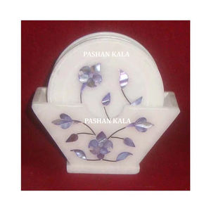 Forme arrondie fleur Design blanc marbre incrustation sous-verre ensemble pour la décoration de la maison et cadeaux but en gros au prix le moins cher - Product Image 1