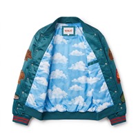 Blouson Bomber Oversize en Satin Unisexe Teal Scarlet avec Patch Chenille Champignon et Doublure Sublimée, Logo Personnalisé OEM