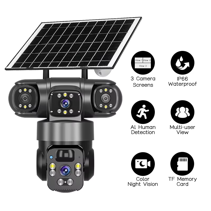 V380 Triple Lens Dashboard Camera Security Solar Camera with 4G Sim Card 12MP Indoor and Outdoor Smart Wireless Wifi CCTV Camera