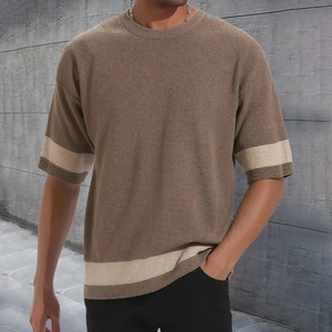 เสื้อยืดถักลายทางวินเทจสำหรับผู้ชายเสื้อยืดคอกลมแขนสั้นลำลองระบายอากาศได้ทุกวัน - Product Image 6