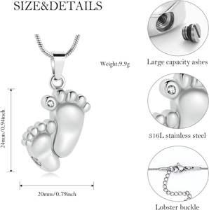 Plata Huella Urna Cenizas Cremación Joyería para Mujeres Hombres Acero inoxidable Bebé Pie Collares Joyería para cenizas humanas Tamaño personalizado - Product Image 2