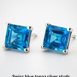 Pendientes de Plata de Ley 925 de Alta Calidad con Baño de Rodio, Corte Princesa, Clásicos, para Topacio Azul de 6 mm, Elegantes, para Boda - Product Image 3