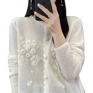 Novo casaco 100% lã para mulheres, blusa de gola redonda 3D para uso pesado, cardigã de malha solta casual