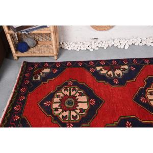 Vintage Turkish <b>Wool</b> Rug 4x9.7 ft <b>Red</b> Blue Patchwork Camouflage Design with Latex Backing - Product Image 5