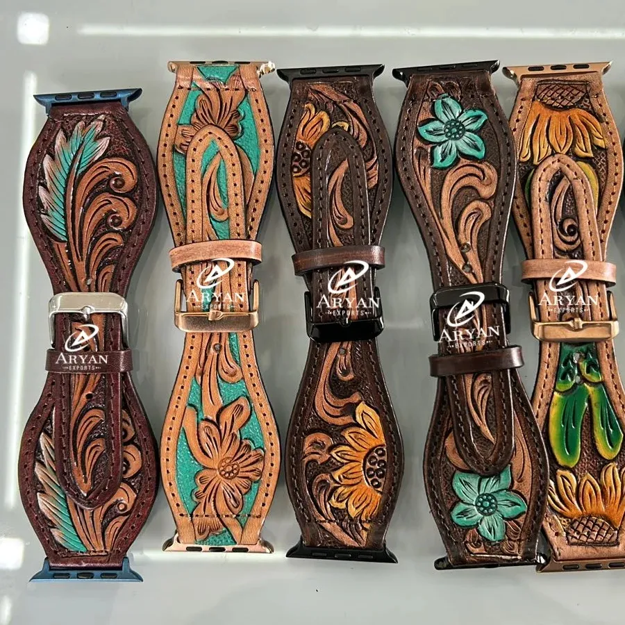 New Real Handmade Genuine Leather Custom Design Western Floral Tooled Painted Watch Bands Boho Western Replacement Watch Straps