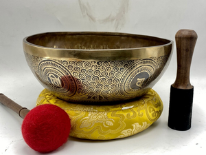 Juego de cuencos tibetanos decorativos de latón con diseño de mandala, mazos dobles y cojín azul para curar. - Product Image 2