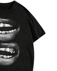 T-shirt surdimensionné à imprimé graphique lèvres noires personnalisé pour homme, streetwear, coton, manches courtes, décontracté, coupe ample, mode moderne, haut de t-shirt - Product Image 2