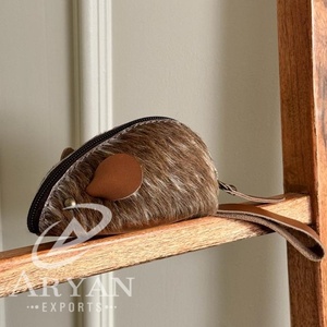 Nouveaux cheveux faits à la main sur souris en cuir véritable porte-monnaie mignon pochette en cuir de vachette pour garçons et filles Mini porte-monnaie à fermeture éclair - Product Image 1