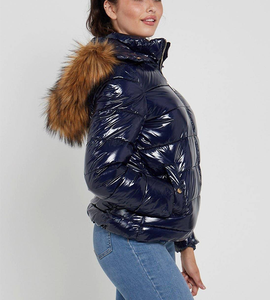 Minimalist Classic Cotton Padded <b>Women</b> Faux <b>Fur</b> <b>Hood</b> Bubble <b>Coat</b> Custom Short Mid Length Shinning Pattern Insulated Down Jacket - Product Image 4