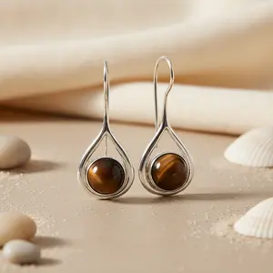 Boucles d'oreilles en argent 925 avec œil de tigre en forme de larme pour femmes, plaquées or, style vintage, clous pendantes, jolies perles, bijoux en diamant pour les mariages - Product Image 3