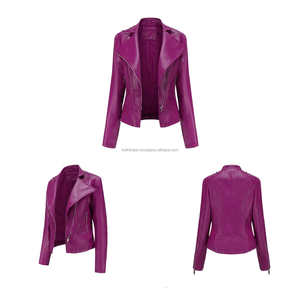 Chaquetas de mujer de cuero Magenta Slim Fit Moto estilo tachonado hombros asimétrico Zip Biker prendas de vestir exteriores con bolsillos con cremallera - Product Image 3
