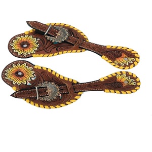 Tachuela ecuestre occidental de talla antigua, correa de espuela de girasol de calidad superior para montar a caballo, espuela de cuero a mano - Product Image 1