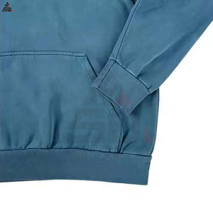 Özel 420 Gsm erkek sıkıntılı boy asit yıkanmış Hoodie Vintage katı desen kazak örme dokuma hiçbir dize Hoodie - Product Image 5