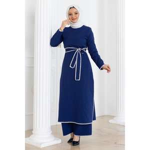 Ensemble décontracté indigo avec ceinture MSW19365-2, hauts longs mi-longueur, tailles 2XL et XL, tissu à motifs décoratifs - Product Image 3