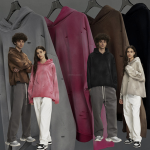 Custom logo Printing oversized Cotton Crop Cut Edge Hoodie New Fashion pullover <b>Vintage</b> Distressed Blank Men Acid Wash Hoodies - Product Image 3