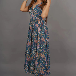 Robe maxi en coton imprimée à la main, motif floral, fabrication artisanale, saison été et automne, méthode de tissage non tissé - Product Image 1