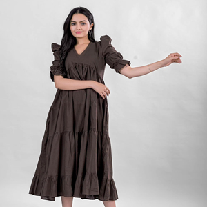 Vestido Midi con logotipo personalizado para mujer, cuello en V, mangas cortas abullonadas, vestido informal liso con cinturón de algodón, tejido ecológico, Lino liso, Natural - Product Image 1