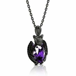 Collier pendentif Jeulia Hug Me Kiss the Night en argent sterling avec motif chauve-souris noire et coupe ovale - Product Image 2