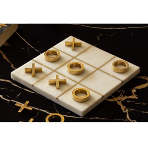White Marble Tic Tac Toe <b>Board</b> <b>Game</b> Gold Brass Symbols Family <b>Table</b> <b>Game</b> Gift Set Indoor Kids Play - Product Image 1