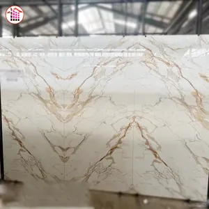 Plaque de pierre frittée à texture de marbre naturel, calacata italien veines d'or, grande taille, dalles de porcelaine de haute qualité pour sol mural