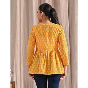 Yellow Jaipuri Chic Top Asymmetrical Collar Stand Collar Embroidered Decoration Women's Poplin <b>Silk</b> Peplum XL for Office Wear - Product Image 5