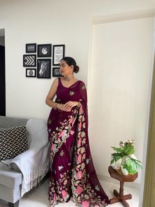 Saree Georgette de diseñador con Secuencia bordada Trabajo Corte Borde Estilo pakistaní Boda y fiesta Desgaste - Product Image 5